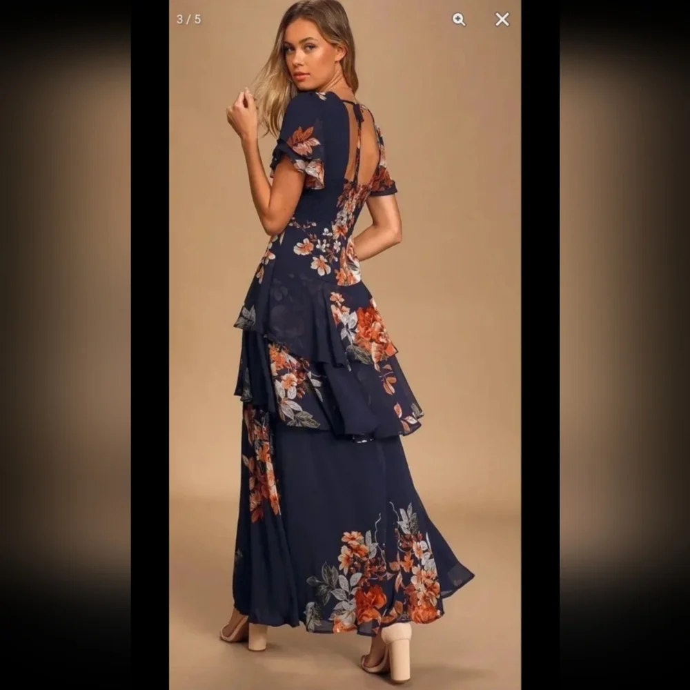 Midnight Mood Navy Blue Floral Print Tiered Maxi Dress Size XS - Picture 3 of 11